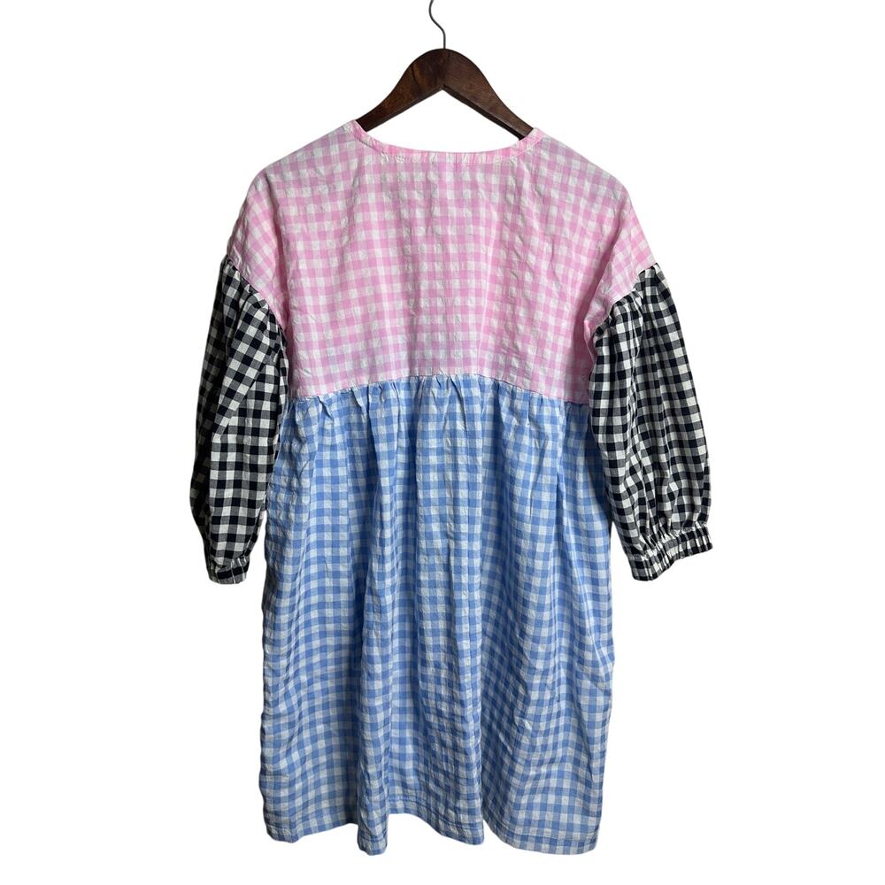 Tach Clothing Catarina Cloque Dress size M Gingham Mix Puff Sleeve Colorblock - Picture 4 of 12